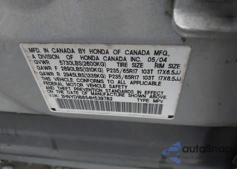 2004 Acura Mdx from USA, damaged, VIN 2HNYD18854H539782